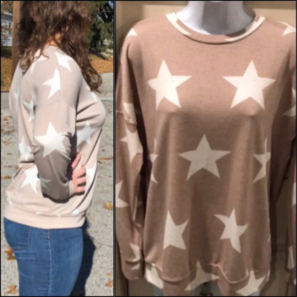 Stars Tan Banded Long Sleeve Top! NEW! - Picture 6 of 10